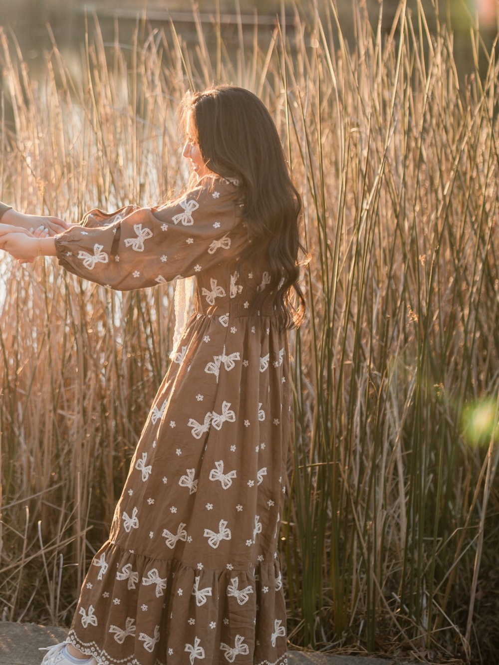 Brown Embroidered Maxi Dress with Floral Bow Accents